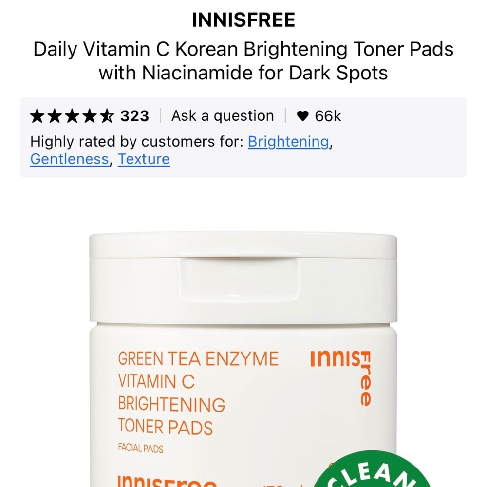 Innisfree Green Tea Enzyme Vitamin C Brightening Toner Pads 60 count
